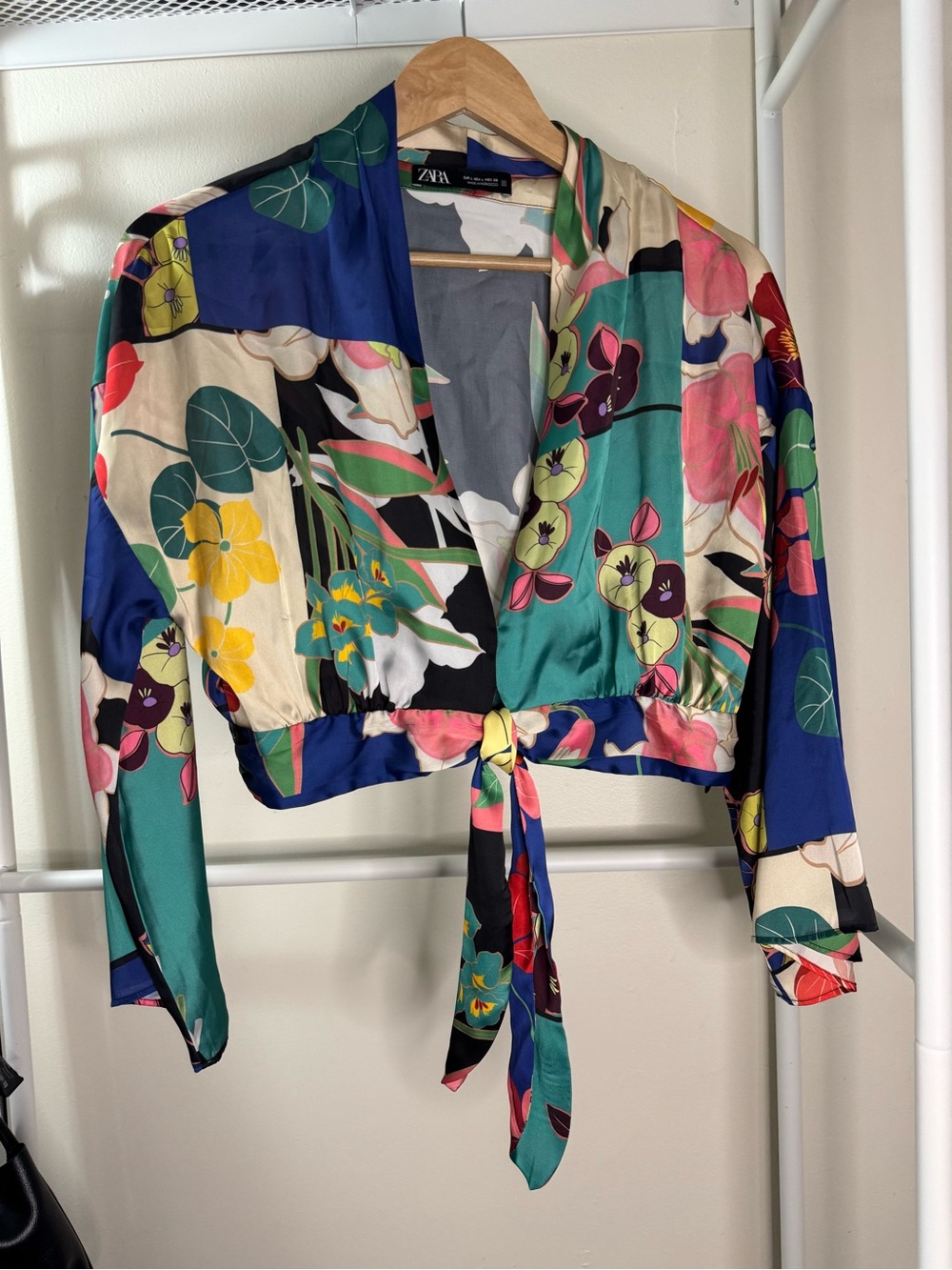 Zara Multicolor Floral Satin Open-Front Blouse - Blue, Green, Cream
